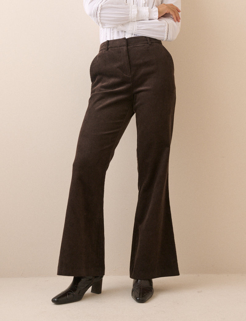 Dark Brown Cord Flared Trousers
