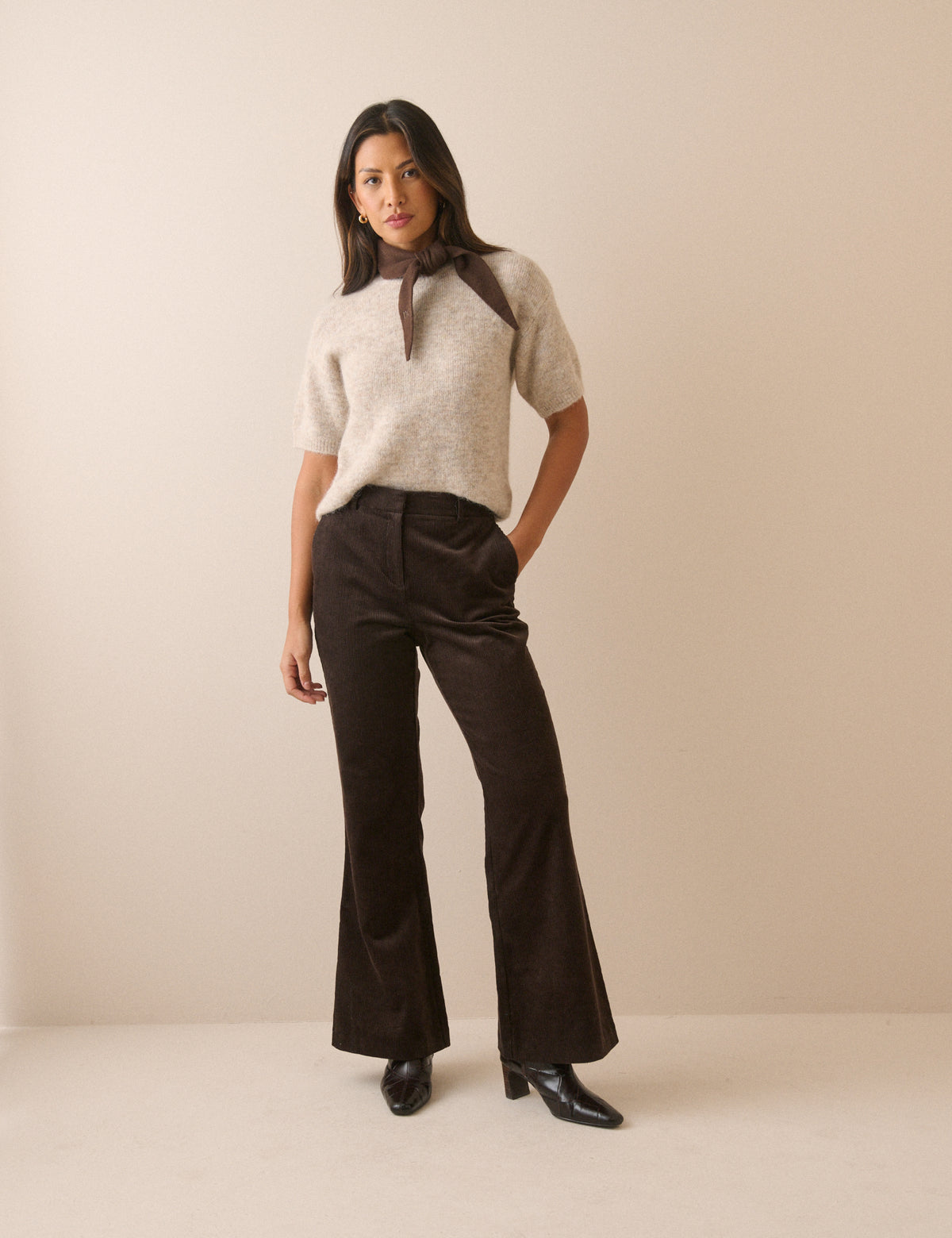 Dark Brown Cord Flared Trousers