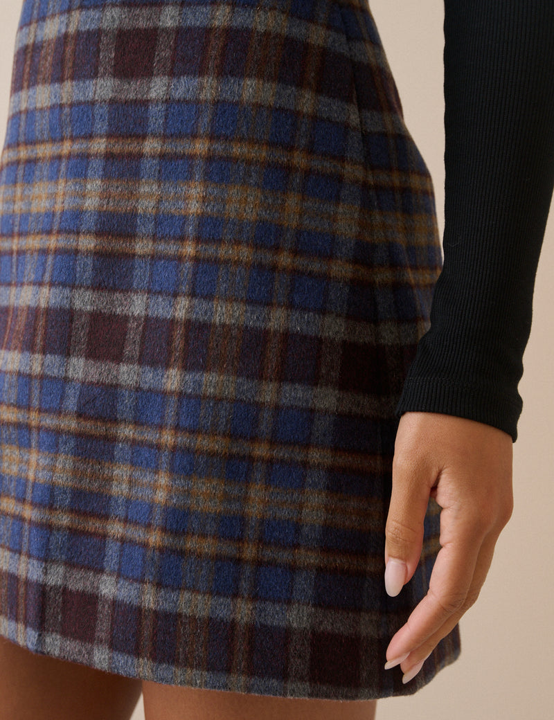 Blue and Grey Tartan Wool-Blend Mini Skirt