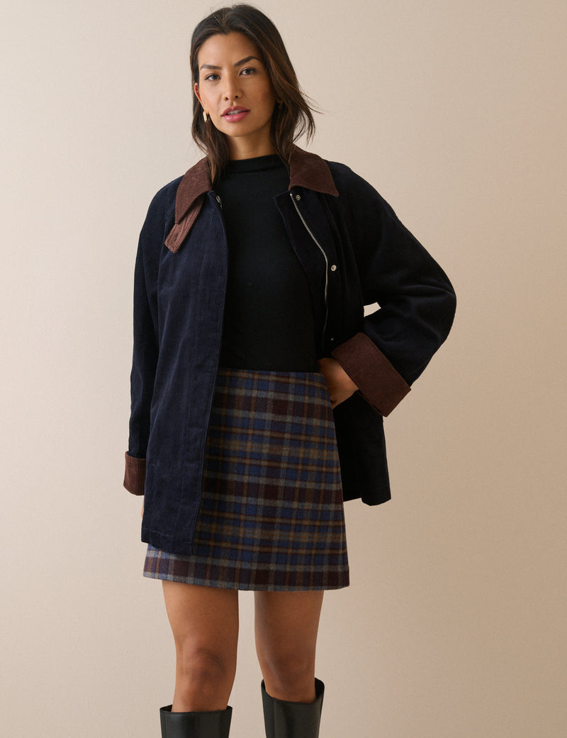 Blue and Grey Tartan Wool-Blend Mini Skirt