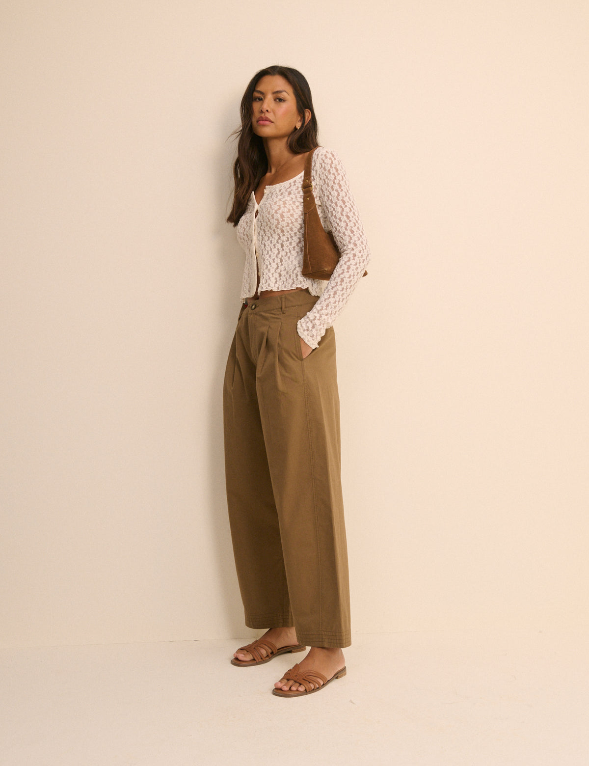 Camel Pleated Wide Leg Trousers