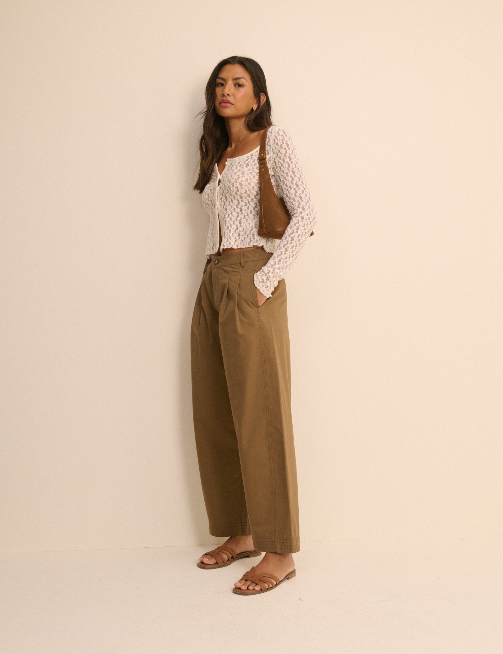 Camel Pleated Wide Leg Trousers