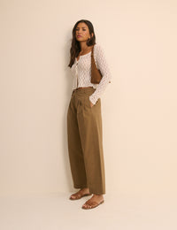Camel Pleated Wide Leg Trousers