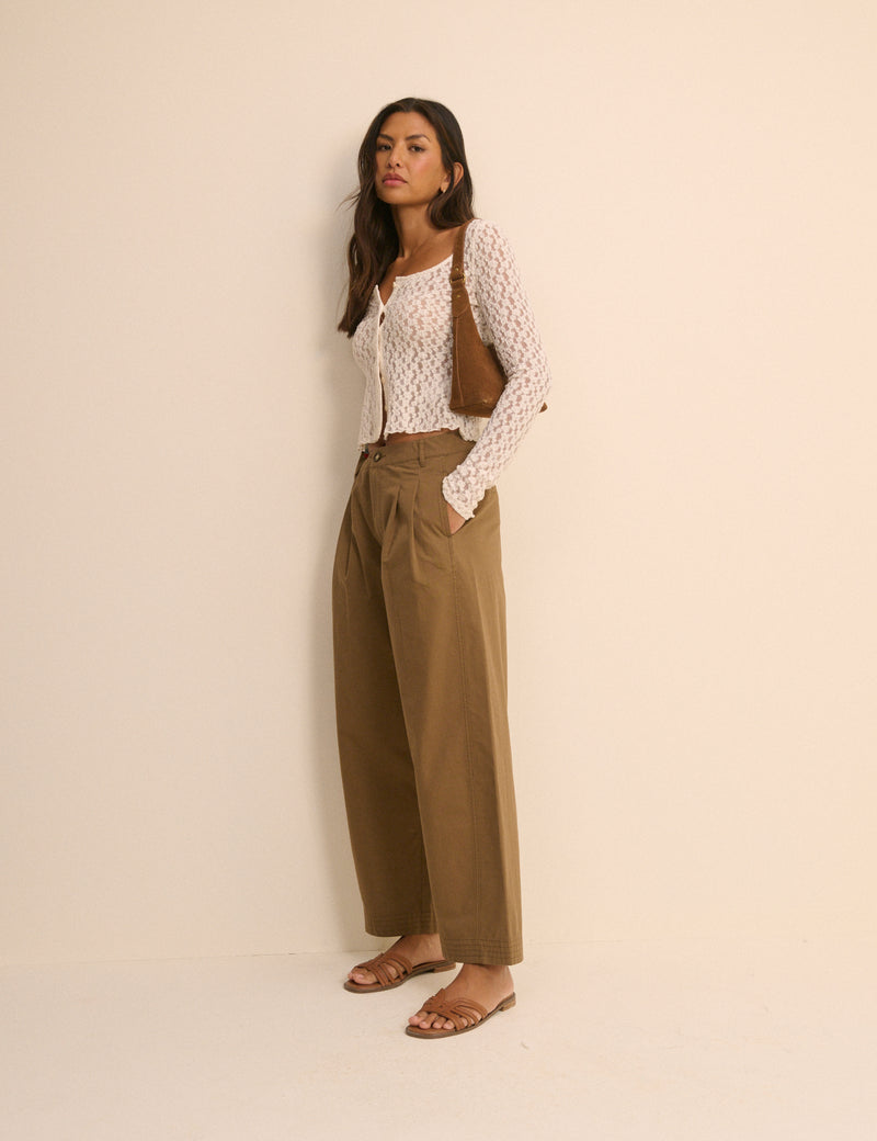 Camel Pleated Wide Leg Trousers