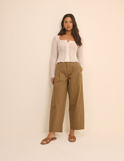 Camel Pleated Wide Leg Trousers