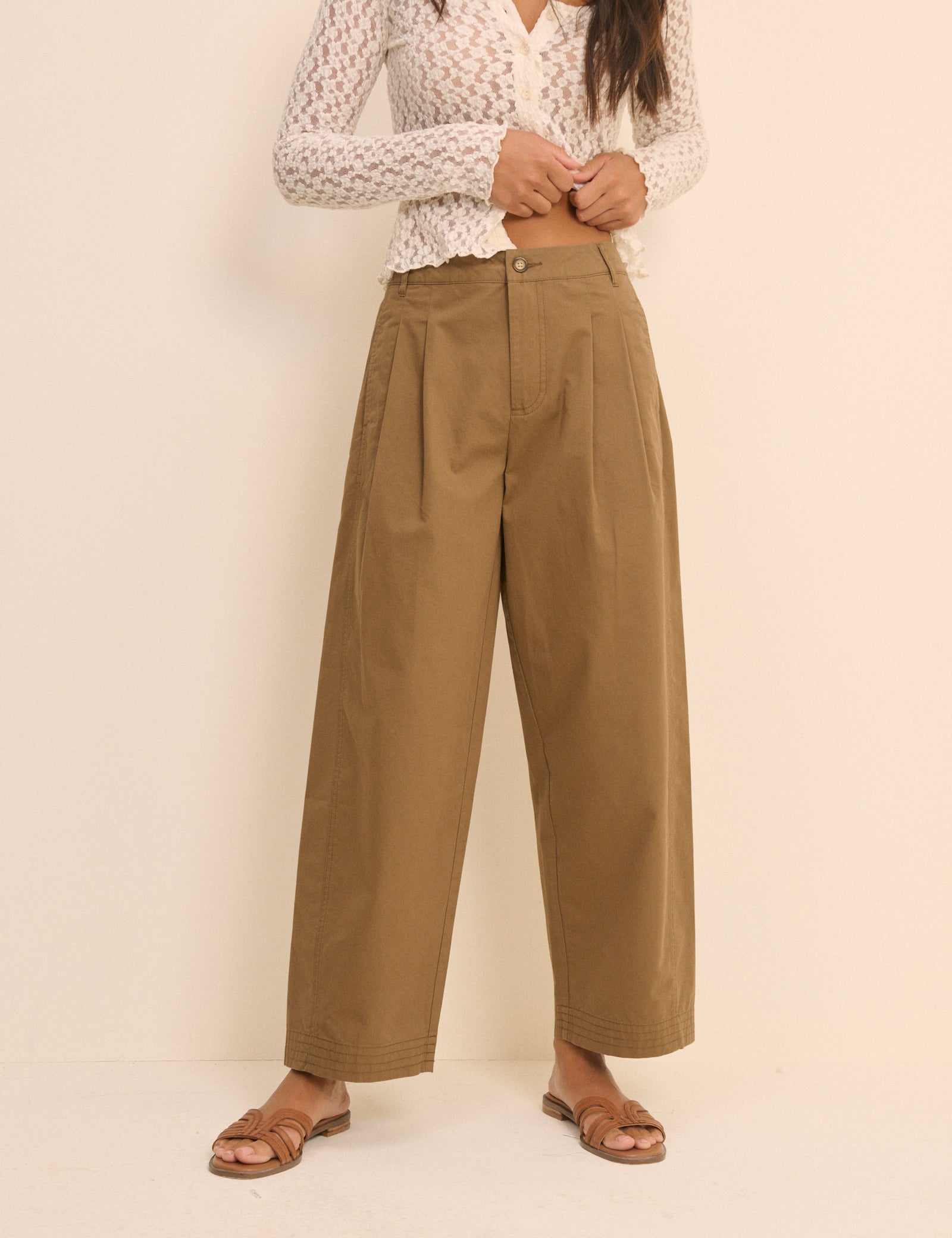 Camel Pleated Wide Leg Trousers