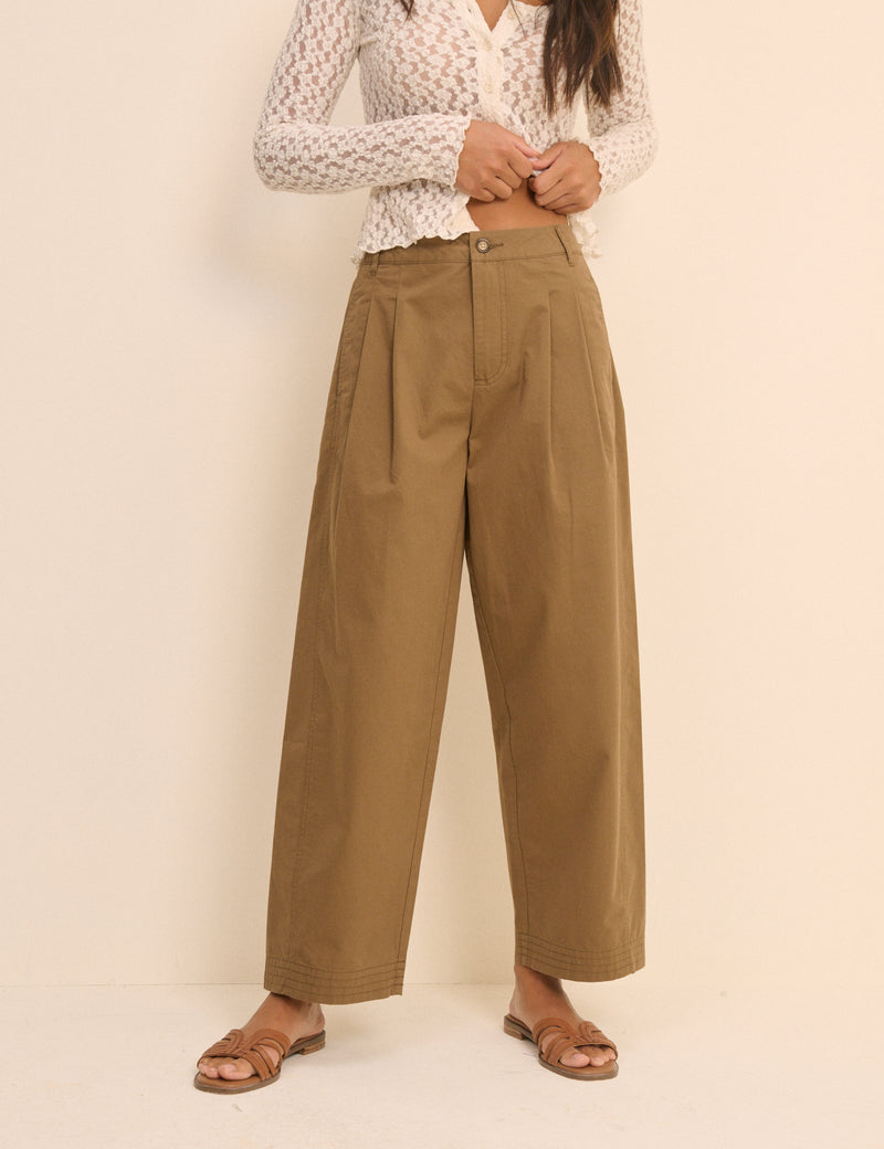 Camel Pleated Wide Leg Trousers