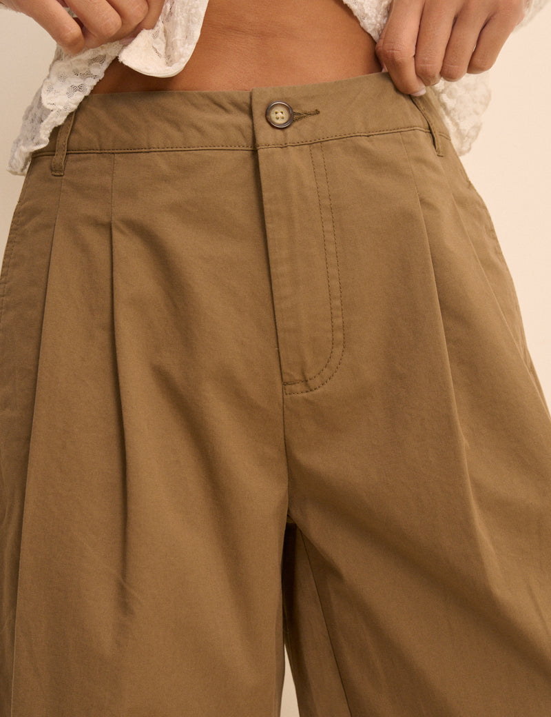 Camel Pleated Wide Leg Trousers