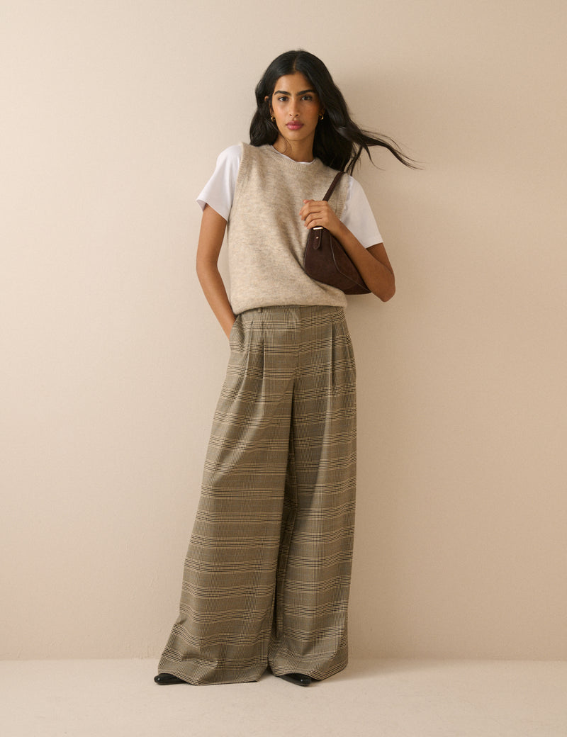 Grey Check High Waisted Wide Leg Trousers