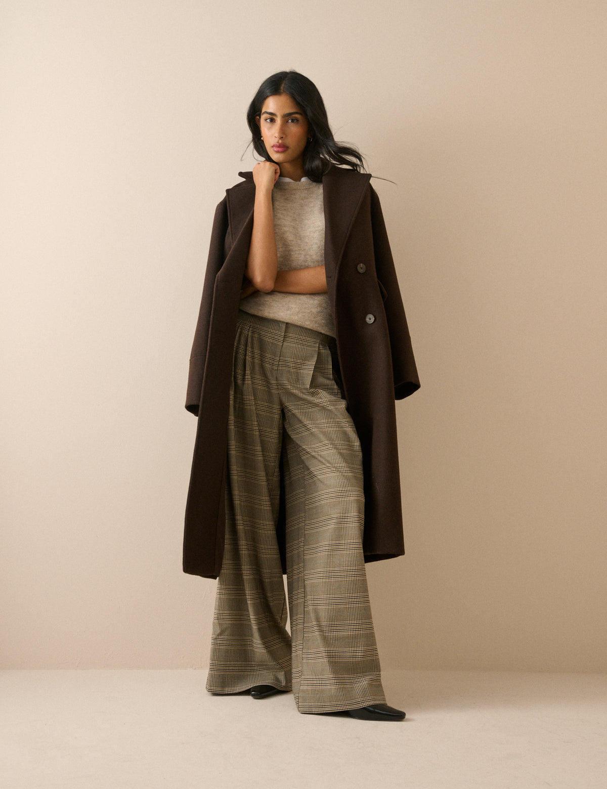 Grey Check High Waisted Wide Leg Trousers