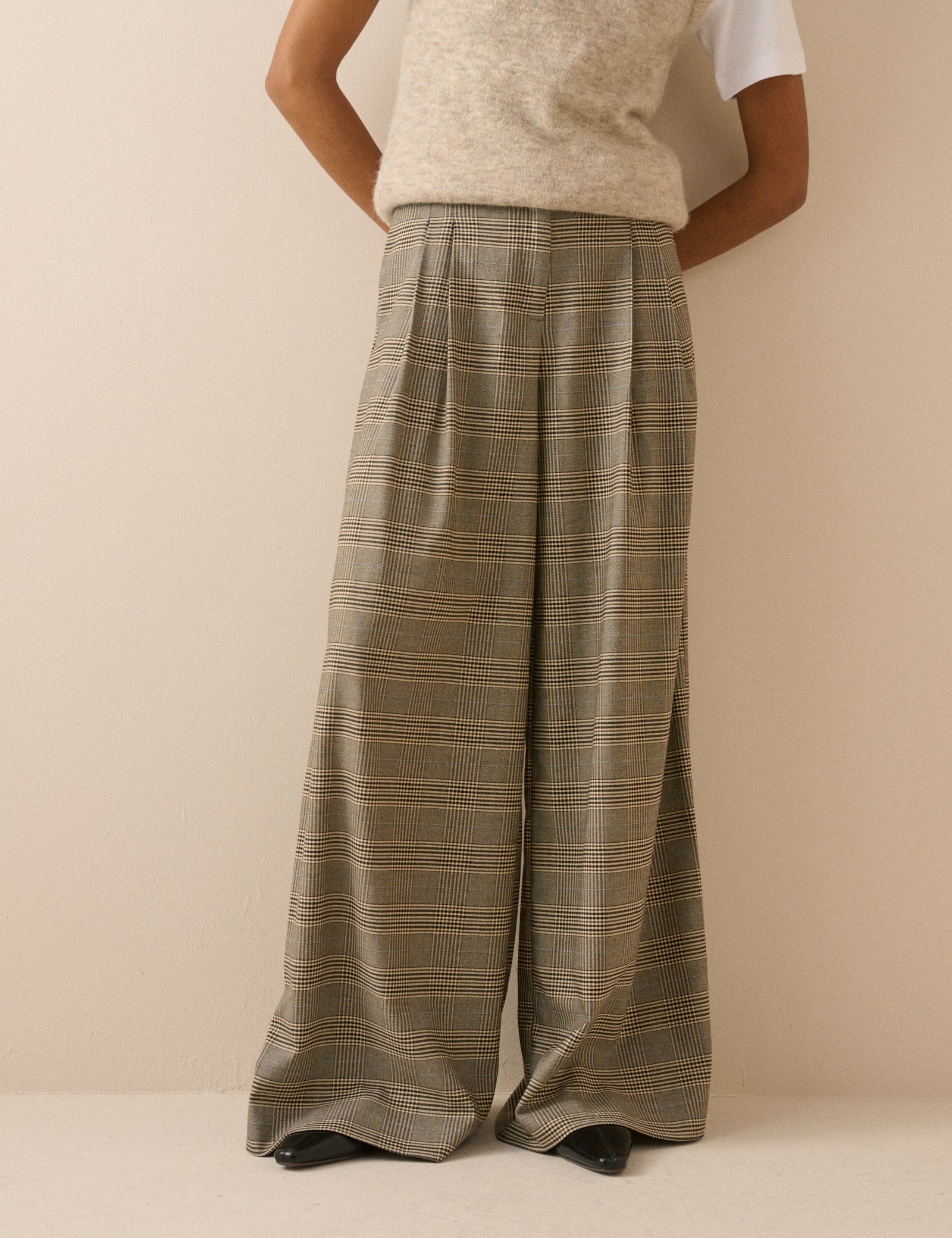 Grey Check High Waisted Wide Leg Trousers