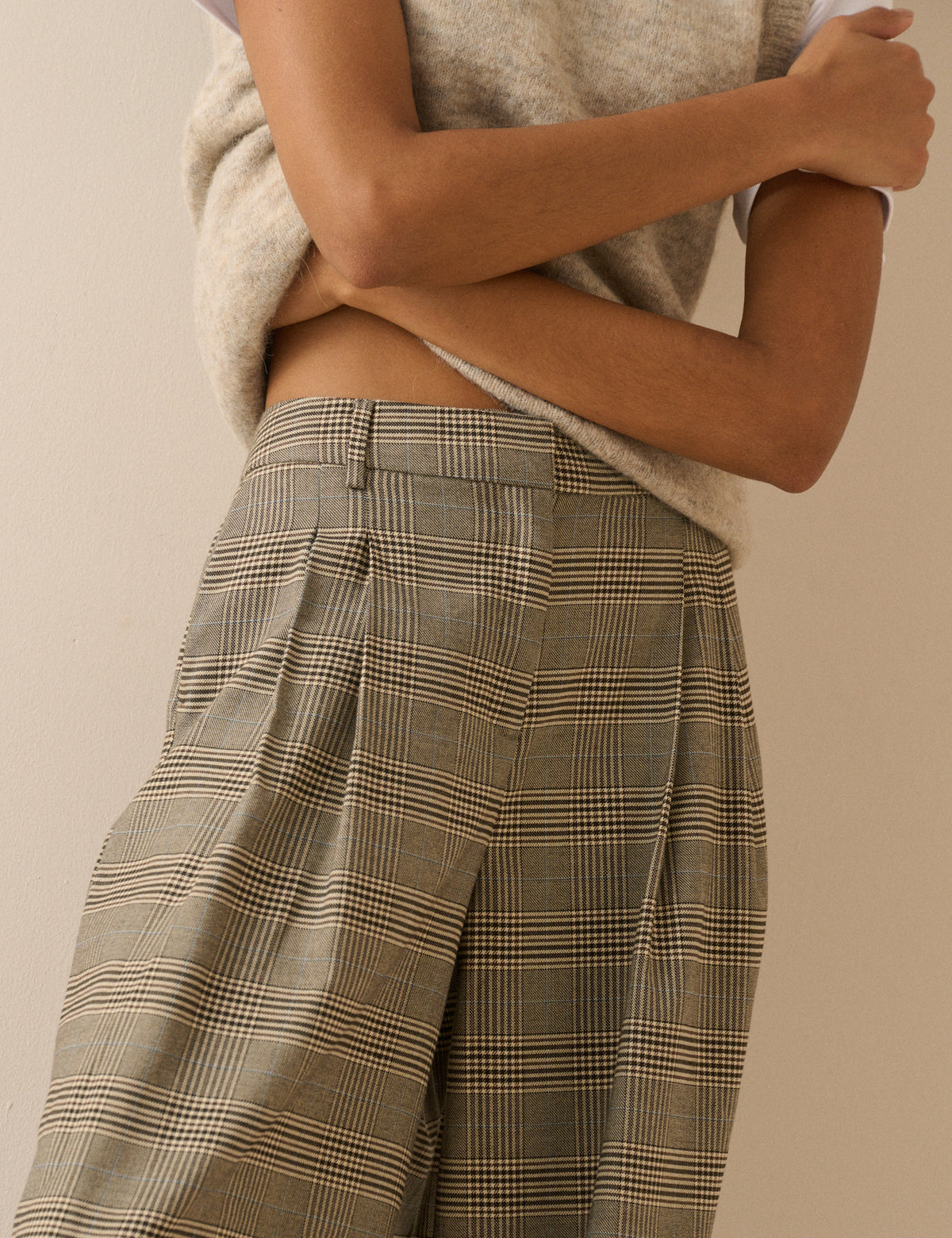 Grey Check High Waisted Wide Leg Trousers