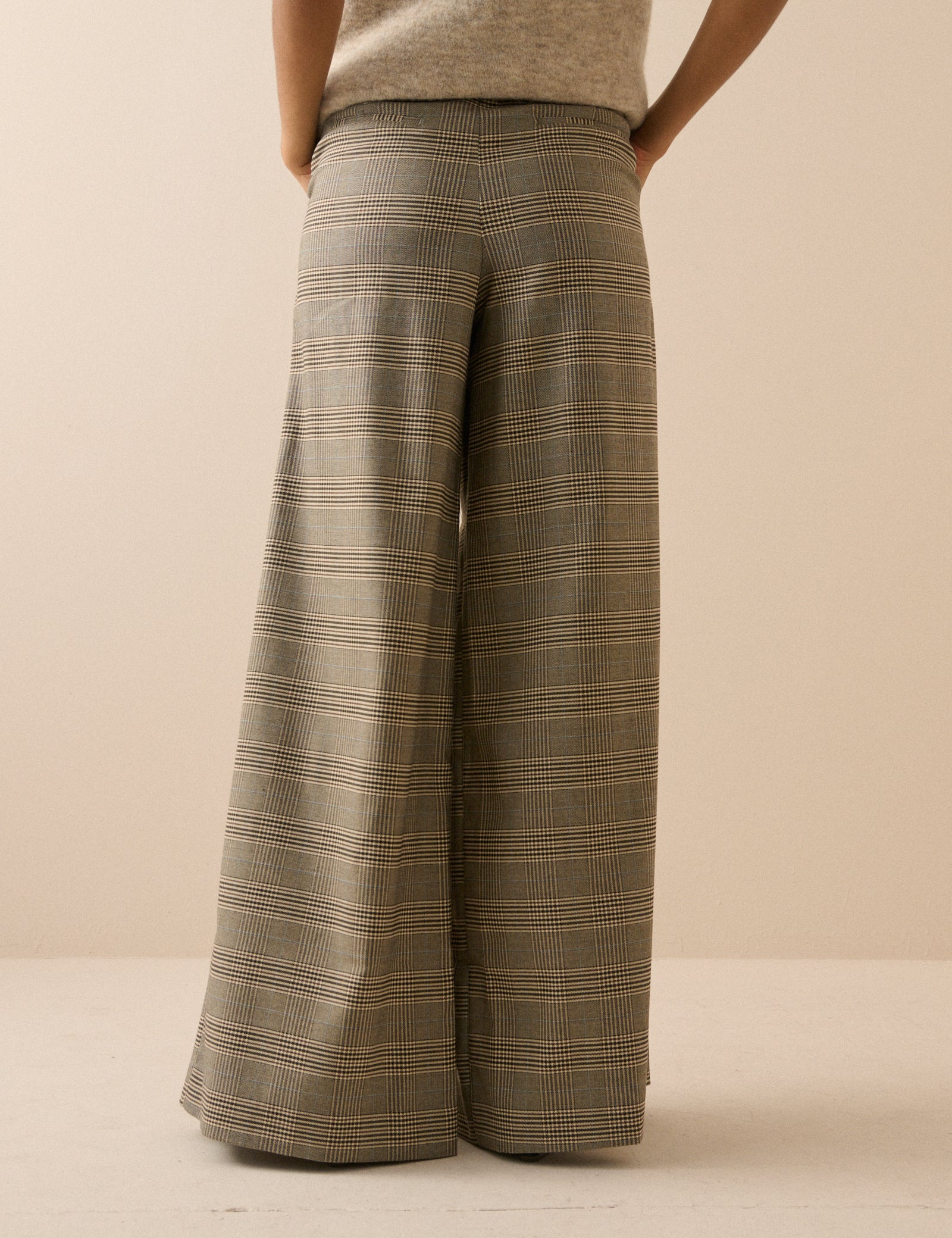 Grey Check High Waisted Wide Leg Trousers