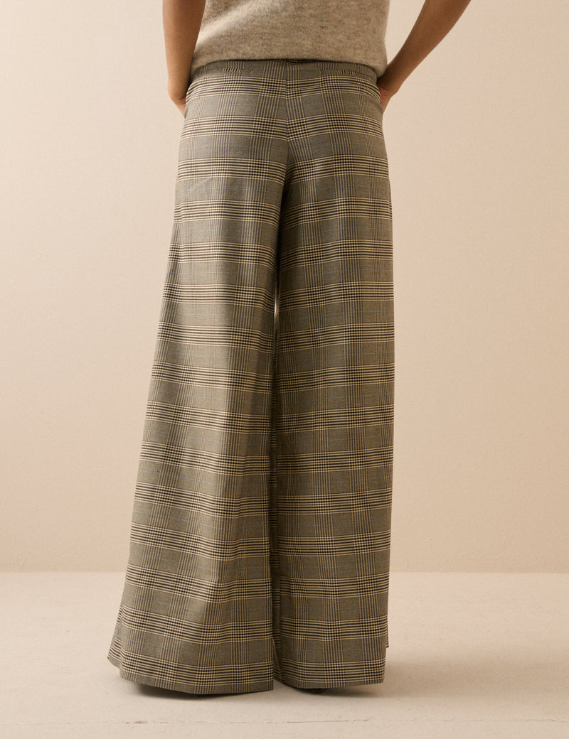 Grey Check High Waisted Wide Leg Trousers