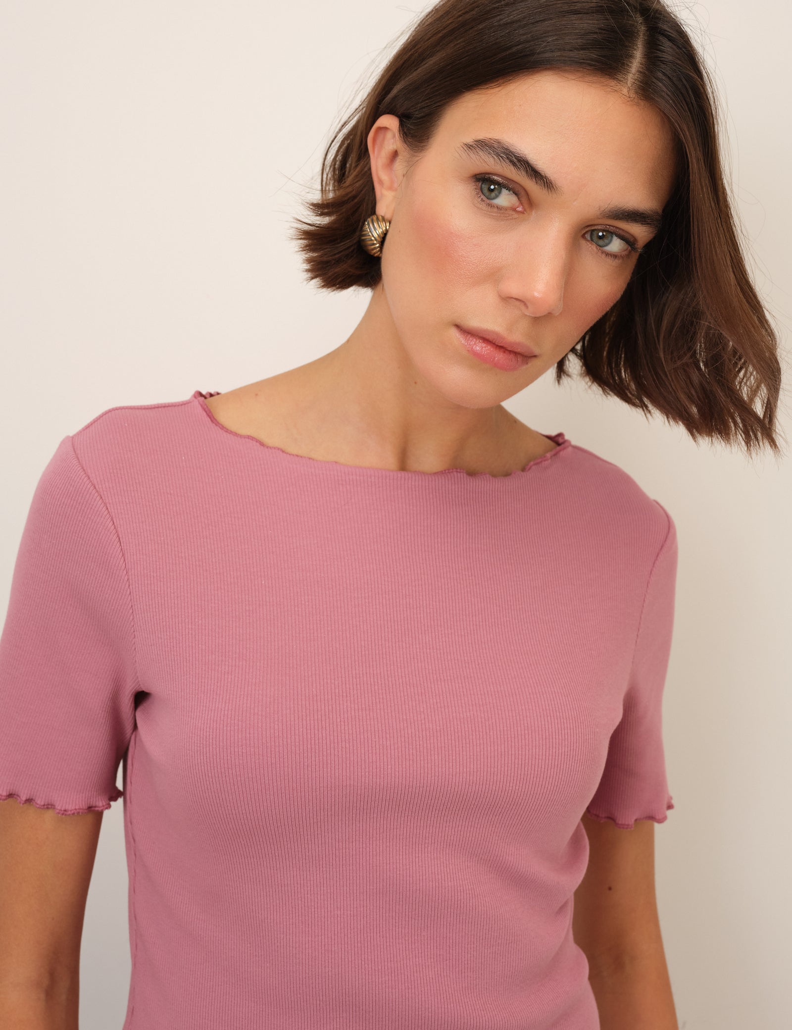 Pink Boat Neck Ribbed Top