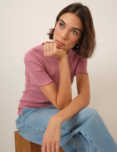 Pink Boat Neck Ribbed Top