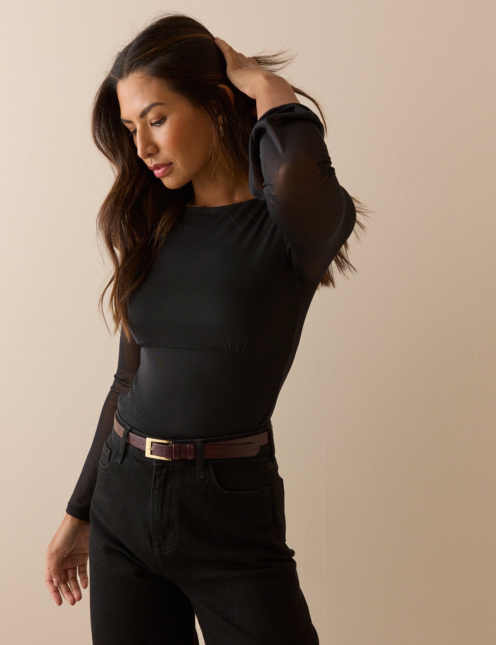 Black Jersey Mesh Long Sleeve Top