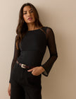 Black Jersey Mesh Long Sleeve Top