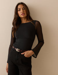 Black Jersey Mesh Long Sleeve Top