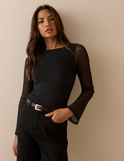 Black Jersey Mesh Long Sleeve Top