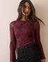 Burgundy Floral Jersey Mesh Long Sleeve Top