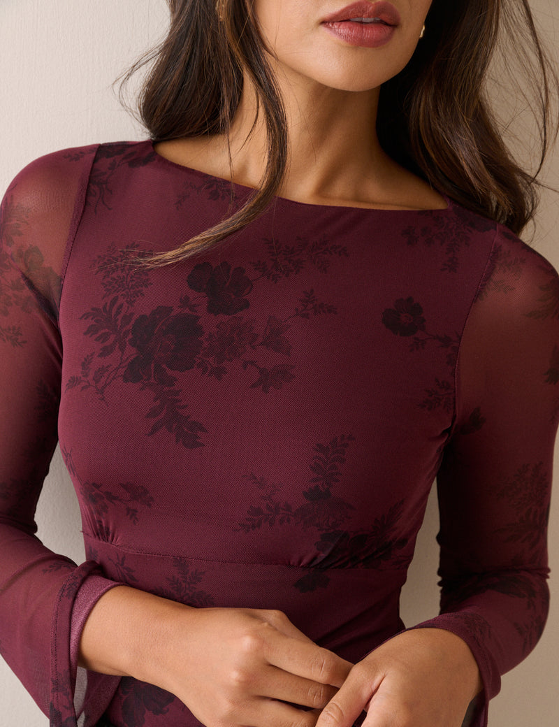 Burgundy Floral Jersey Mesh Long Sleeve Top
