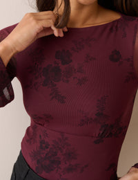 Burgundy Floral Jersey Mesh Long Sleeve Top