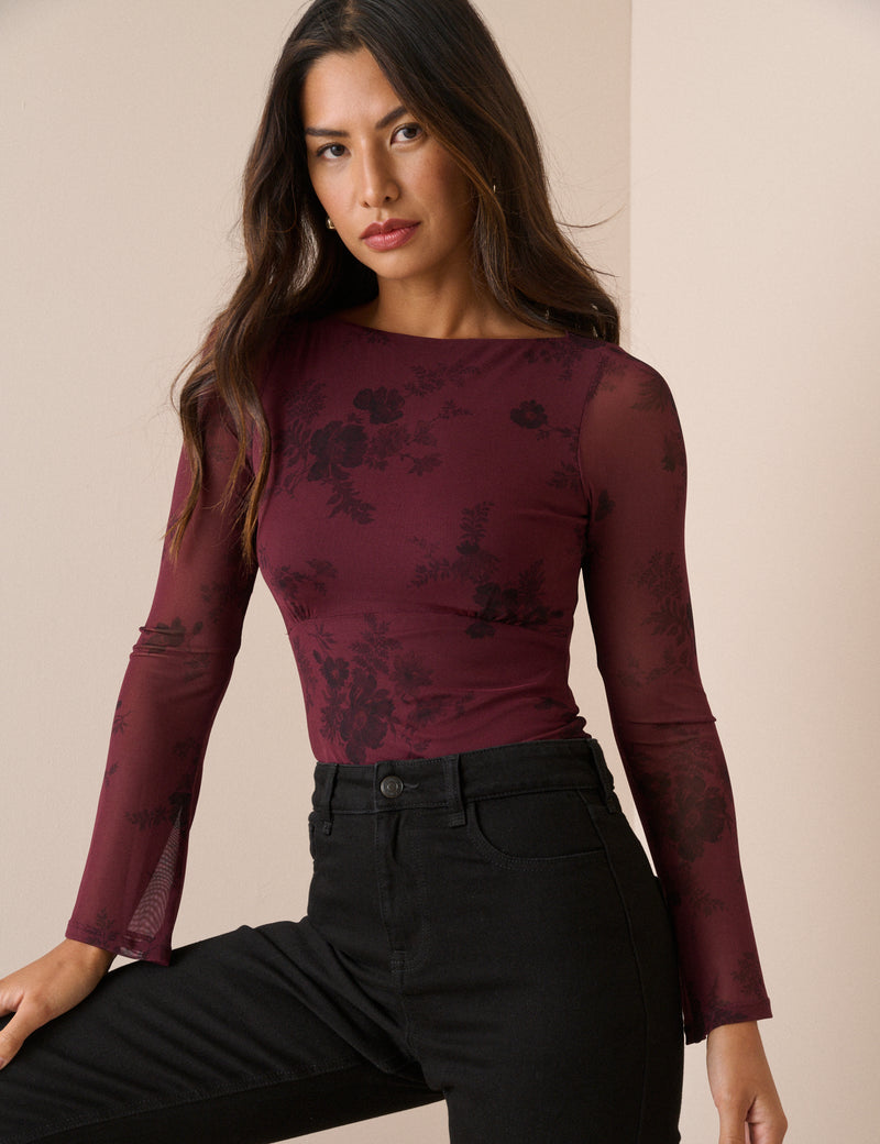 Burgundy Floral Jersey Mesh Long Sleeve Top