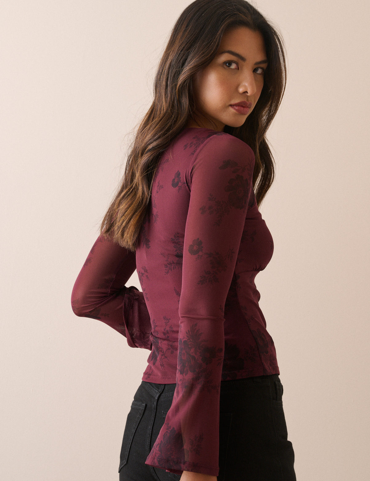 Burgundy Floral Jersey Mesh Long Sleeve Top