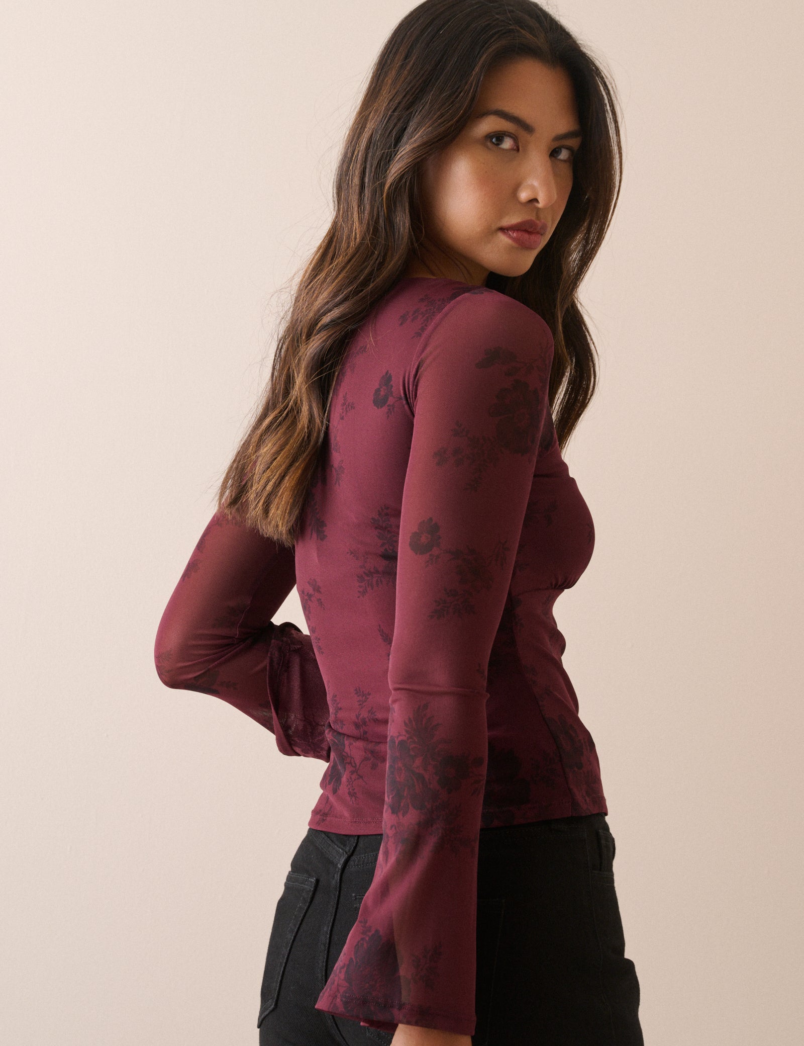 Burgundy Floral Jersey Mesh Long Sleeve Top