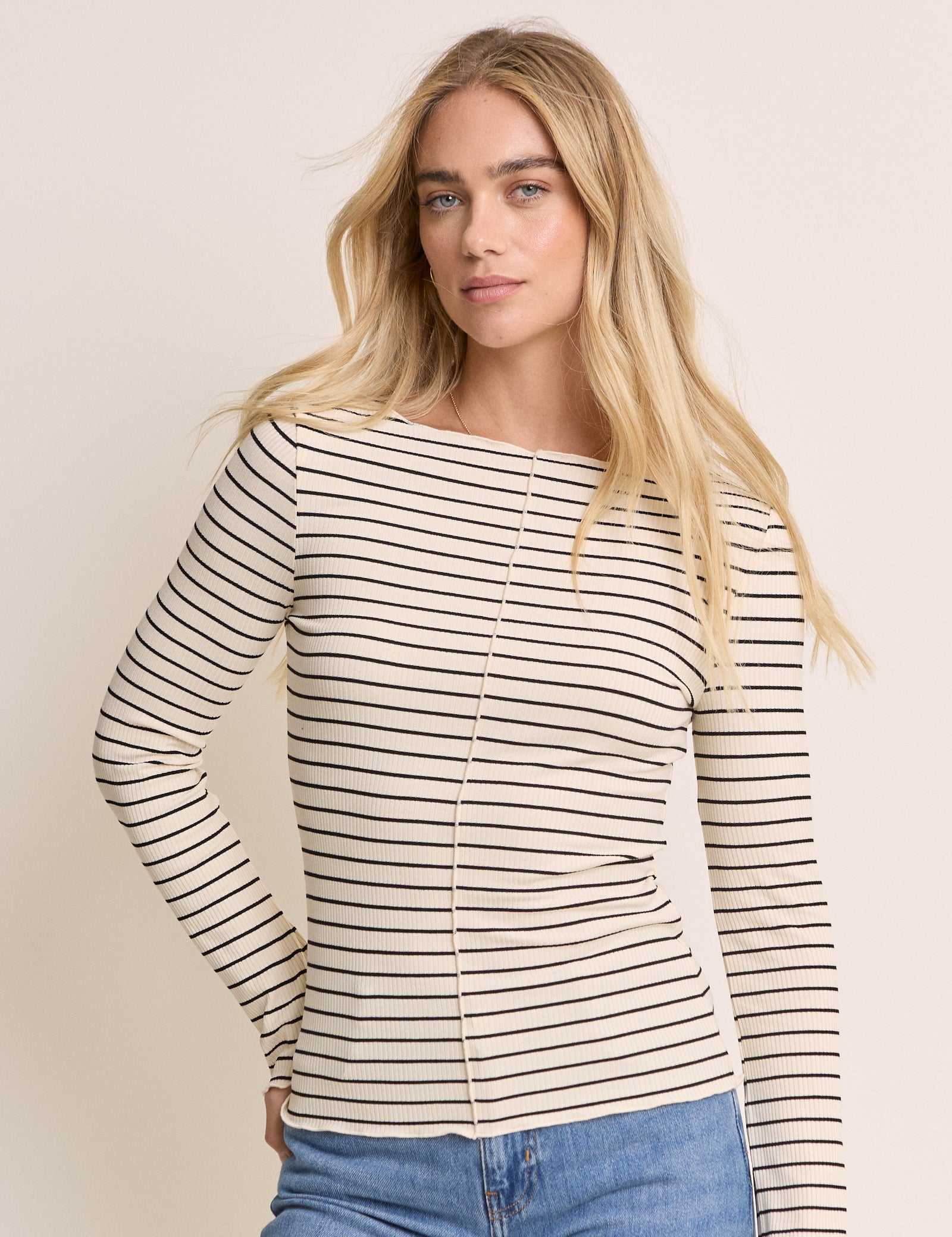 Cream Striped Boat Neck Top