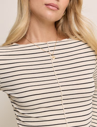 Cream Striped Boat Neck Top