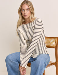 Cream Striped Boat Neck Top