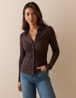 Brown Button Down Jersey Top
