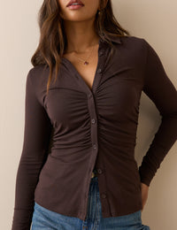 Brown Button Down Jersey Top