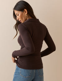 Brown Button Down Jersey Top