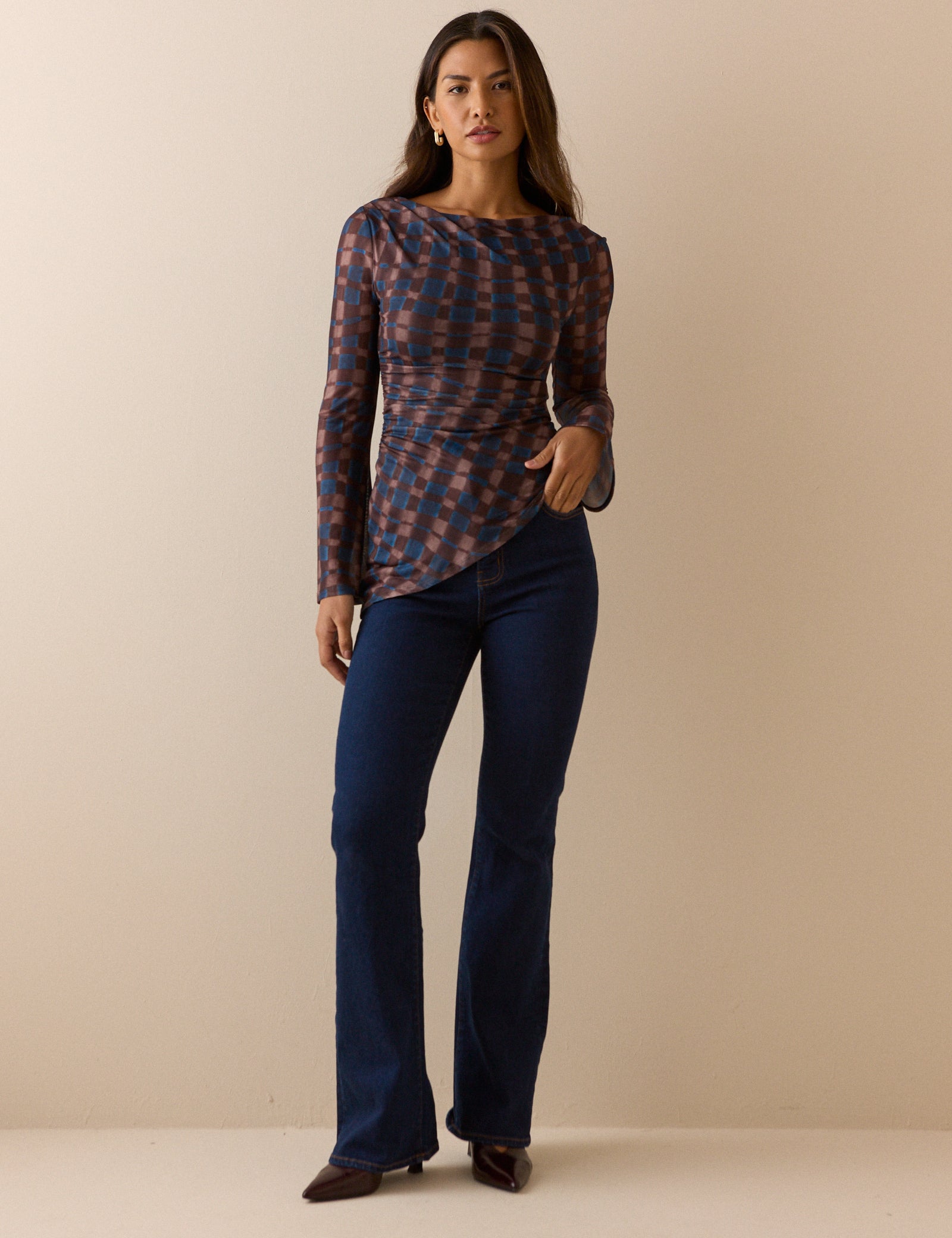 Blue and Brown Check Asymmetric Mesh Ruched Top