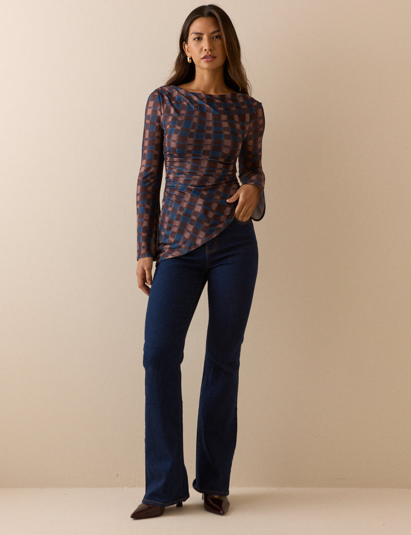 Blue and Brown Check Asymmetric Mesh Ruched Top