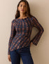 Blue and Brown Check Asymmetric Mesh Ruched Top