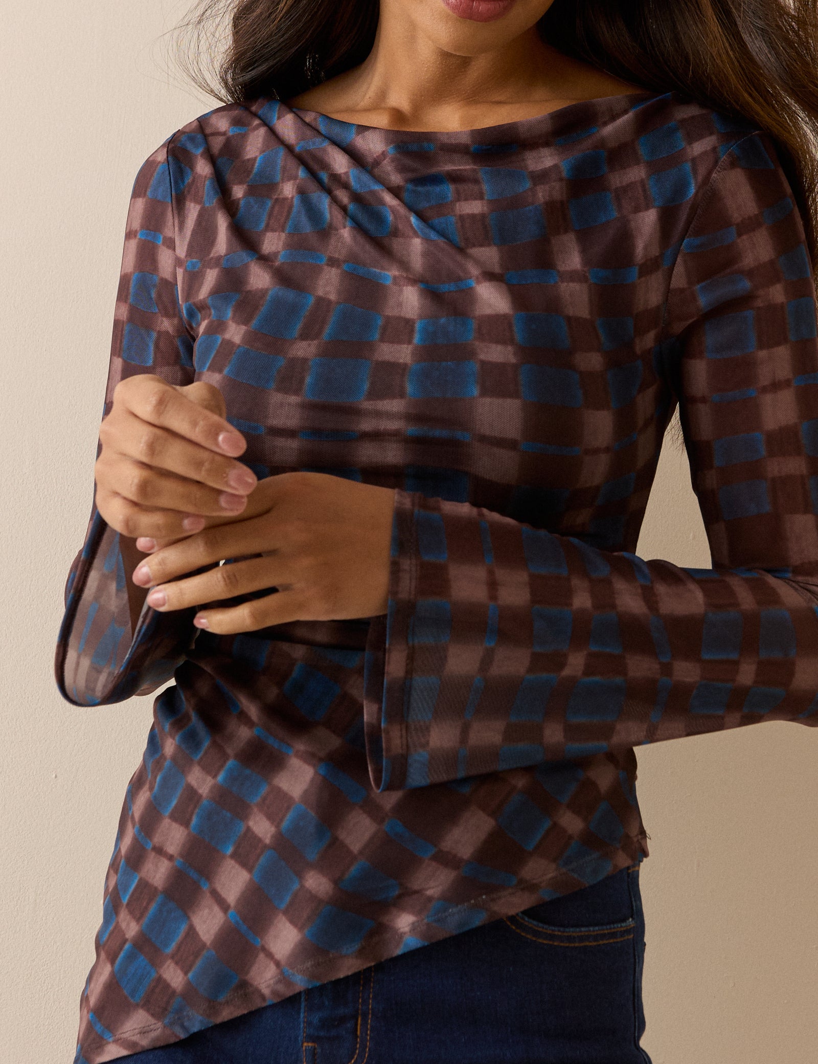 Blue and Brown Check Asymmetric Mesh Ruched Top