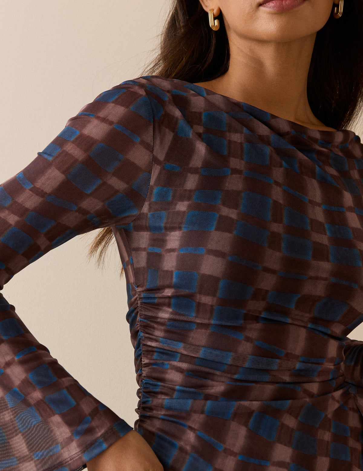 Blue and Brown Check Asymmetric Mesh Ruched Top