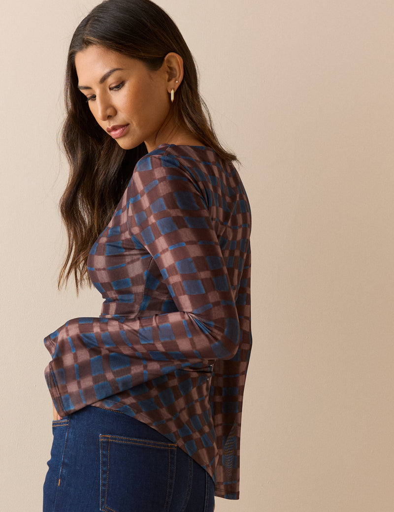 Blue and Brown Check Asymmetric Mesh Ruched Top