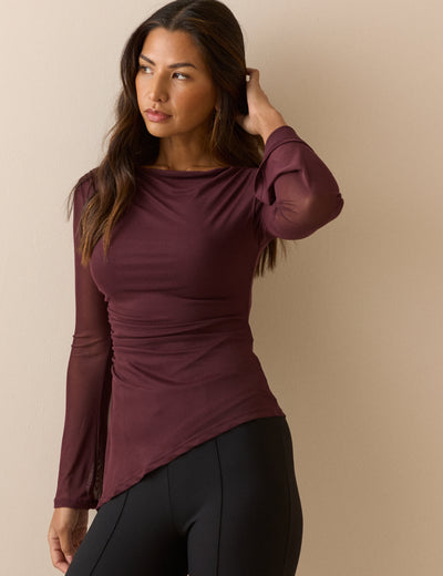 Burgundy Asymmetric Mesh Ruched Top