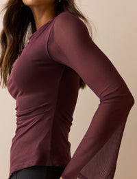 Burgundy Asymmetric Mesh Ruched Top