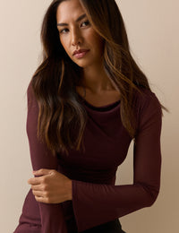 Burgundy Asymmetric Mesh Ruched Top