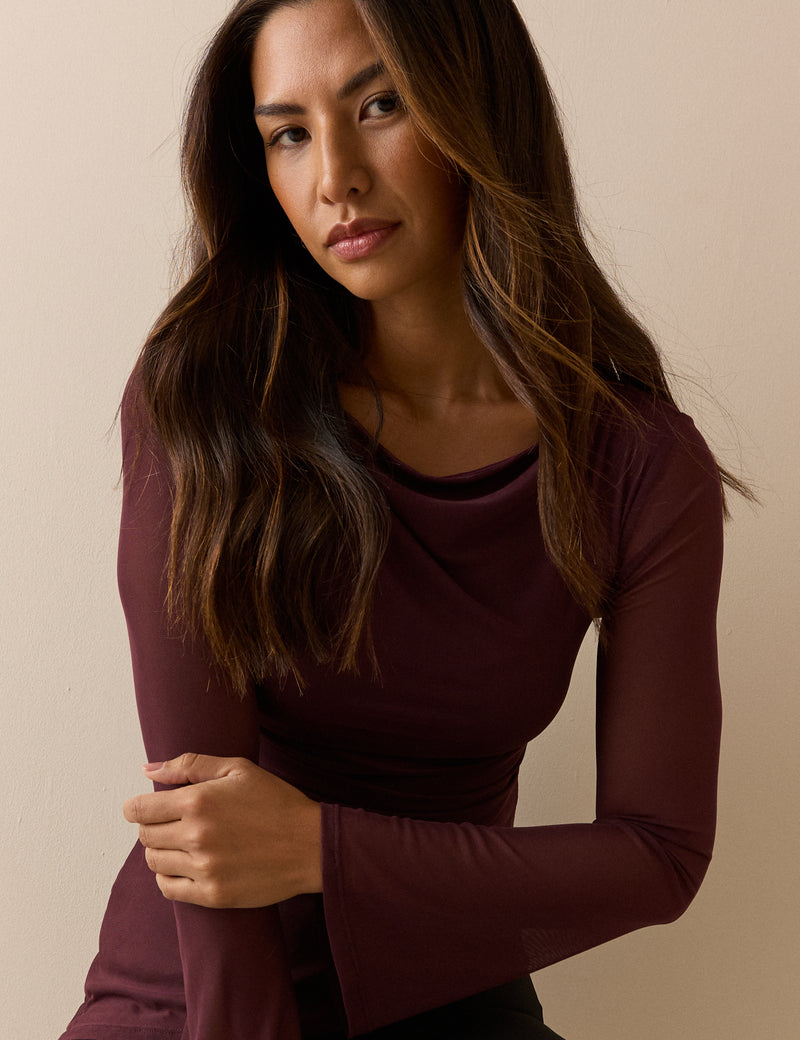 Burgundy Asymmetric Mesh Ruched Top