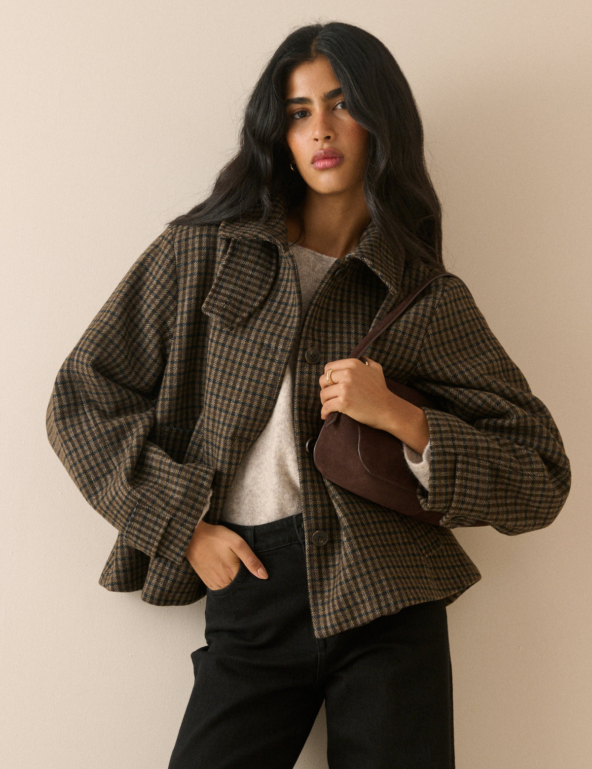 Brown Check Funnel Neck Wool-Blend Coat