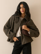 Brown Check Funnel Neck Wool-Blend Coat