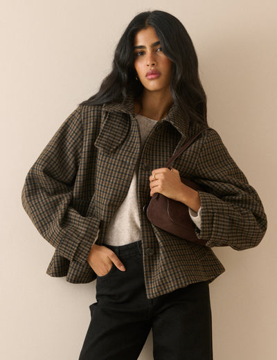 Brown Check Funnel Neck Wool-Blend Coat