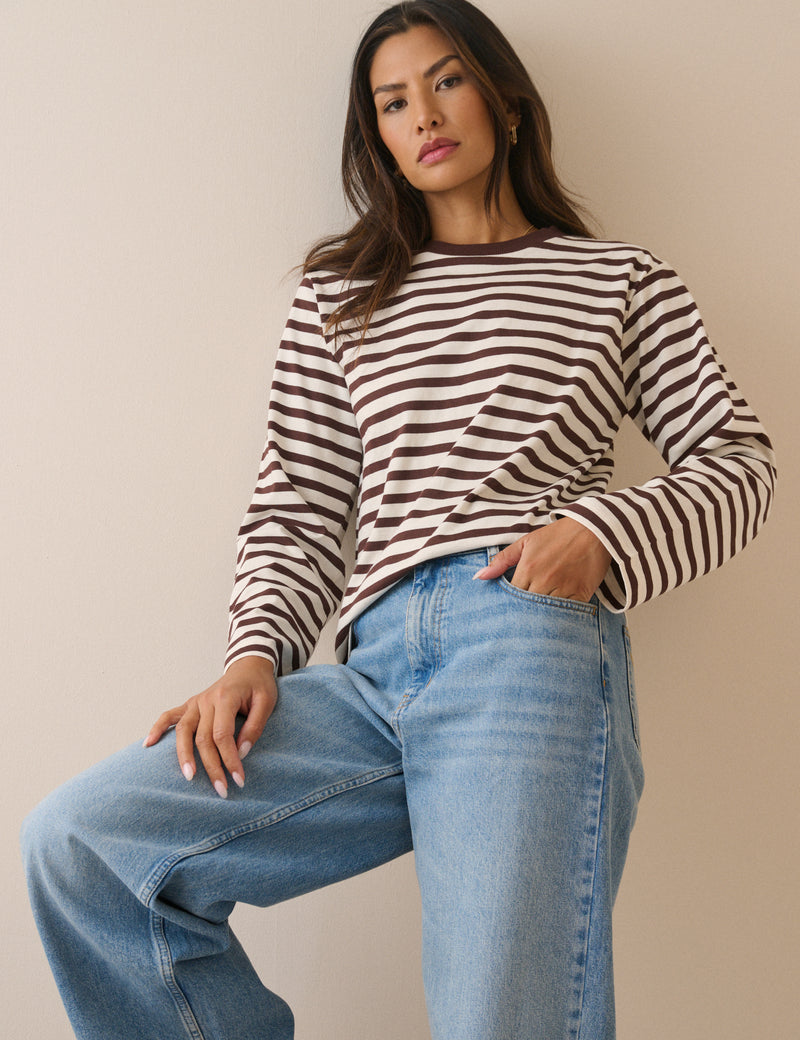 Brown Striped Wide Sleeve Jersey Top
